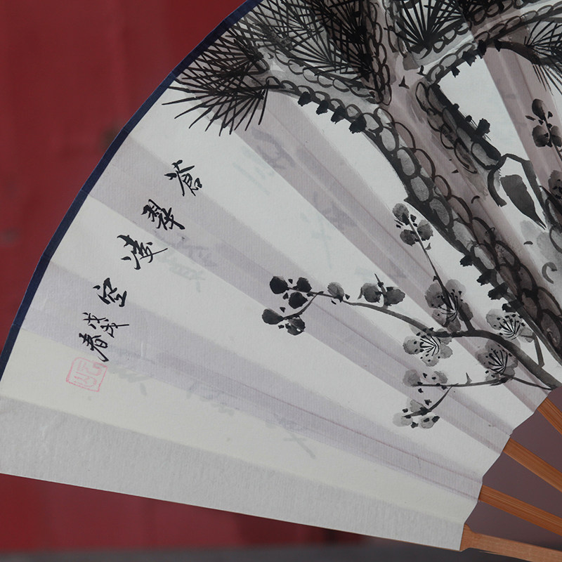 折扇10寸手绘男士宣纸玉竹古风礼品白纸山水文玩日用书画中国风扇