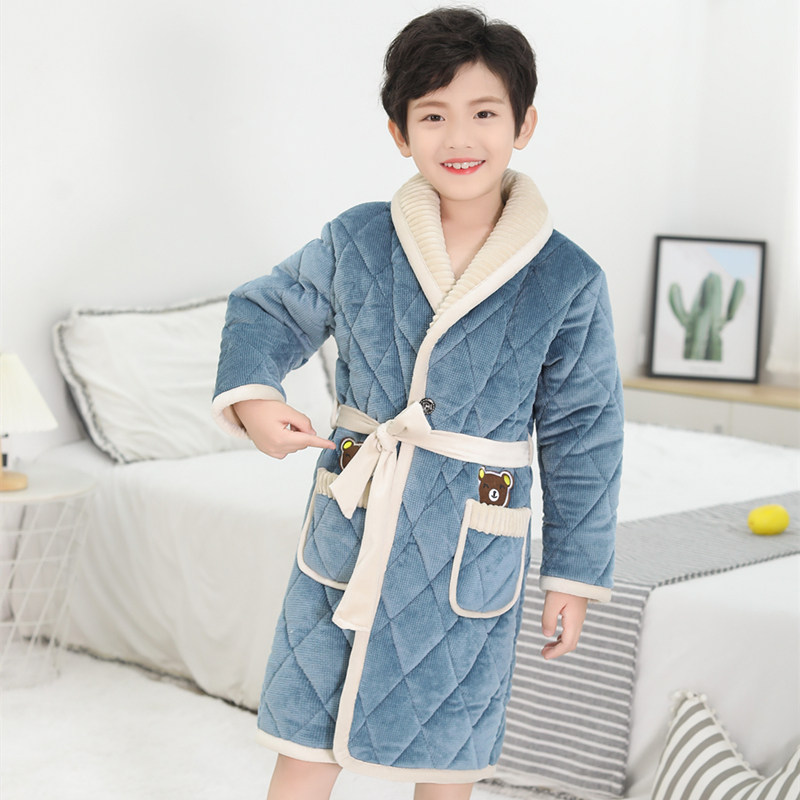 儿童睡袍冬季女童男童法兰绒夹棉可爱睡衣加厚宝宝大童浴袍亲子装