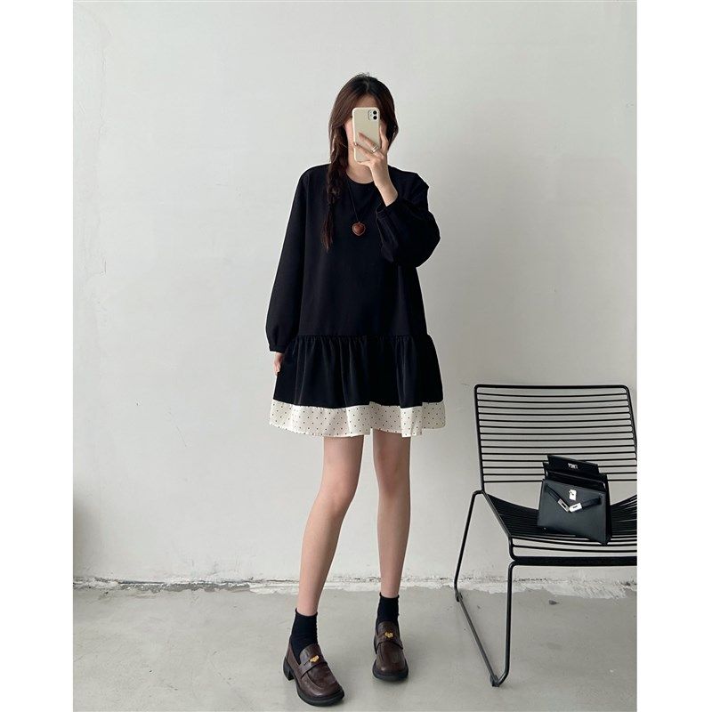 大码黑色鱼尾拼接t恤裙短款秋季胖妹妹包臀连衣裙宽松长袖卫衣裙