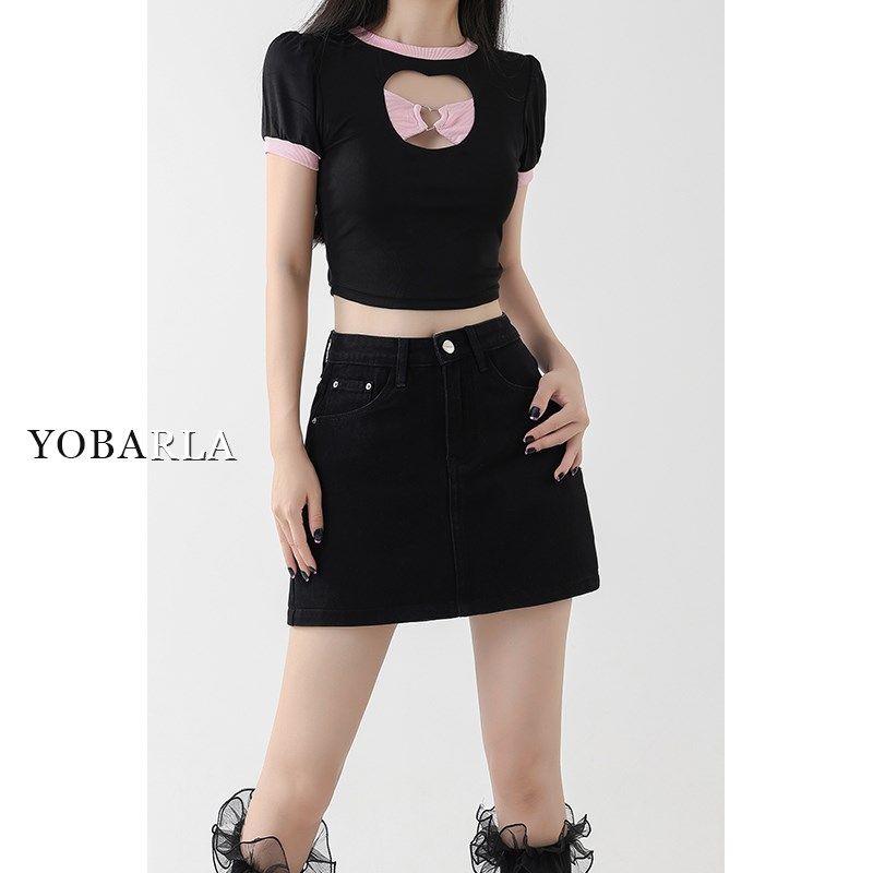 黑色牛仔短裙裤女高腰夏季大码胖mm遮肚子显瘦梨形身材a字半身裙