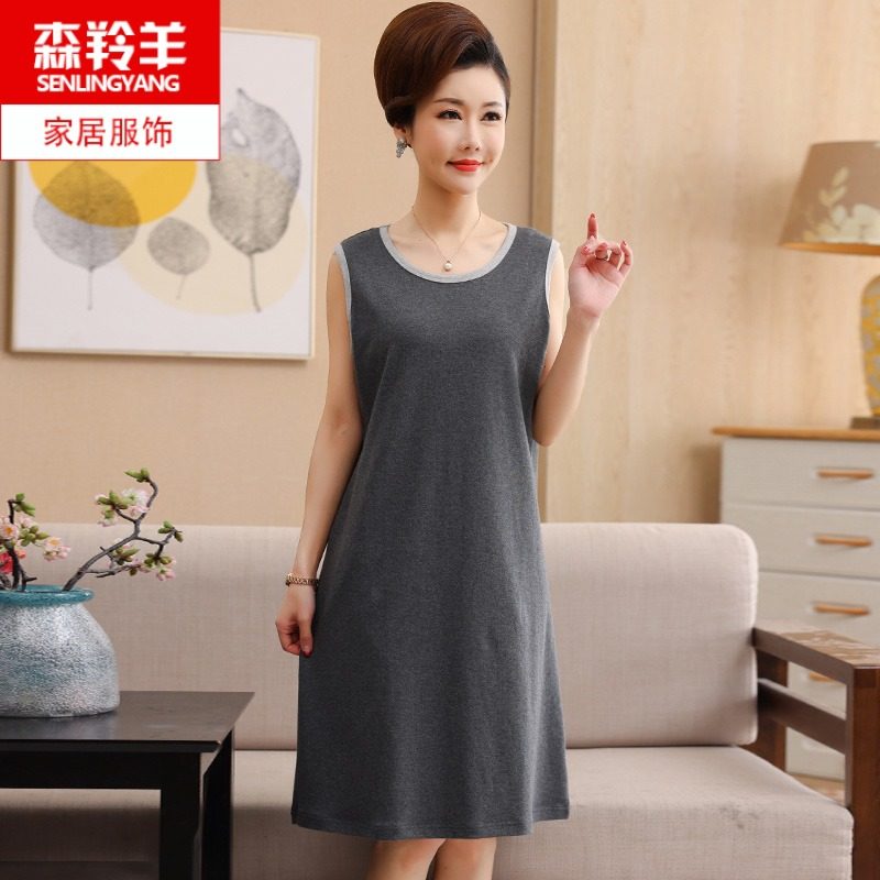 睡裙女夏季无袖纯棉中年妇女妈妈夏天薄款全棉中长款睡衣裙子外穿