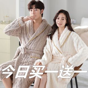 珊瑚絨睡袍秋冬男女情侶睡衣法蘭絨浴袍加厚加絨晨袍長(zhǎng)袍大尺碼