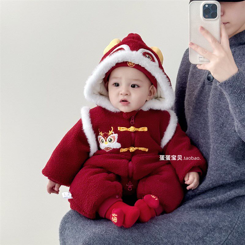 宝宝冬装加厚过年拜年喜庆新年满月婴儿衣服外出夹棉服男幼儿冬季
