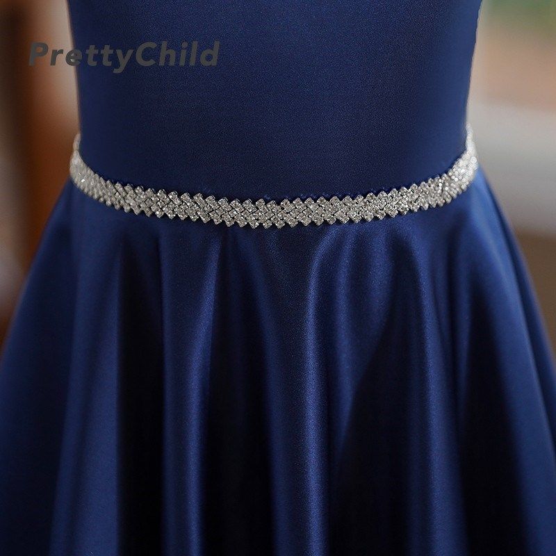 新款女童缎面晚礼服藏蓝色钢琴演出服中大童竖笛乐团比赛表演长裙