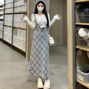 大码胖mm甜美学院风粉色假两件收腰格纹连衣裙女秋冬气质显瘦长裙