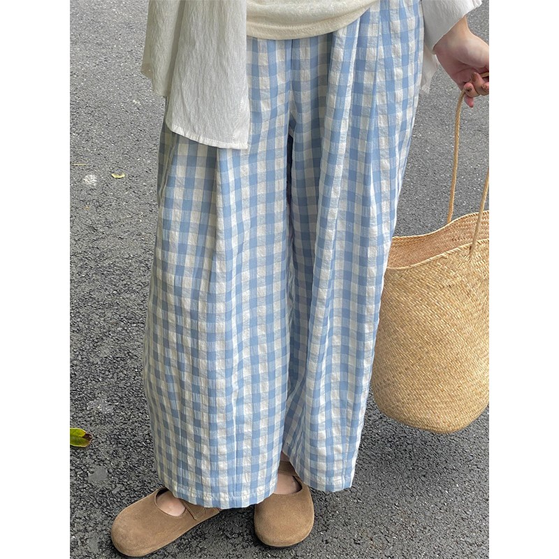 蓝色格子云朵裤女夏薄款胖妹妹mm宽松显瘦阔腿气球裤休闲九分裤子