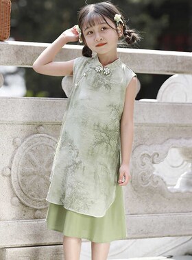 新中式旗袍女童中国风绿色裙子夏季2024新款宝宝古风汉服连衣裙