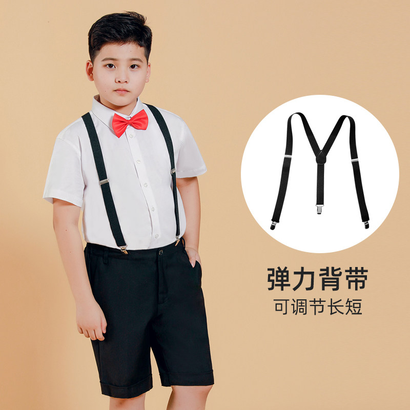 胖童礼服男童夏季短袖白衬衫黑短裤套装大童表演服儿童钢琴演出服