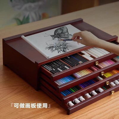 丰丰复古胡桃色美术生抽屉画箱画盒画具收纳架画架彩铅收纳抽屉马