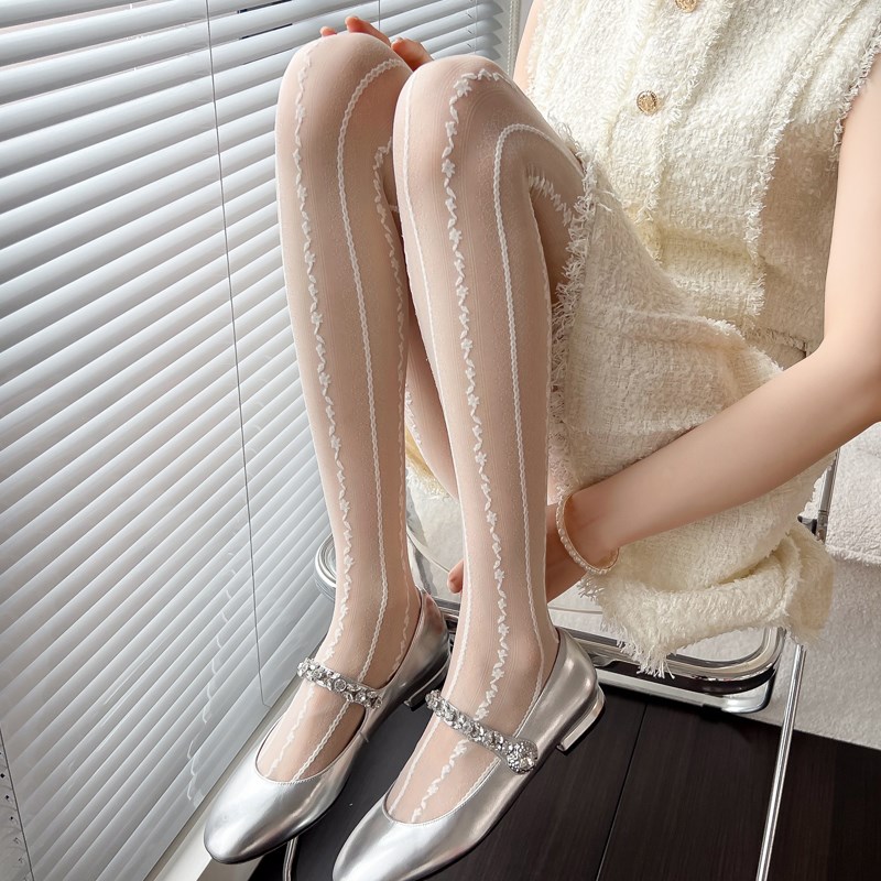 JK白丝袜春夏季超薄透肉奶白色连裤袜防勾丝提花黑丝女蕾丝打底袜