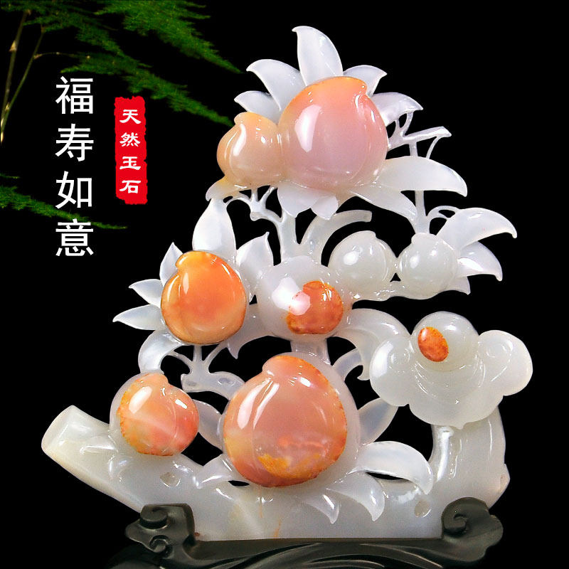 玉石祝寿桃摆件中式家居客厅电视柜玄关装饰工艺摆设老人长辈贺礼