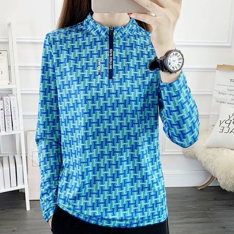 薄款速干t恤女运动上衣弹力透气格子瑜伽跑步长袖户外立领登山服