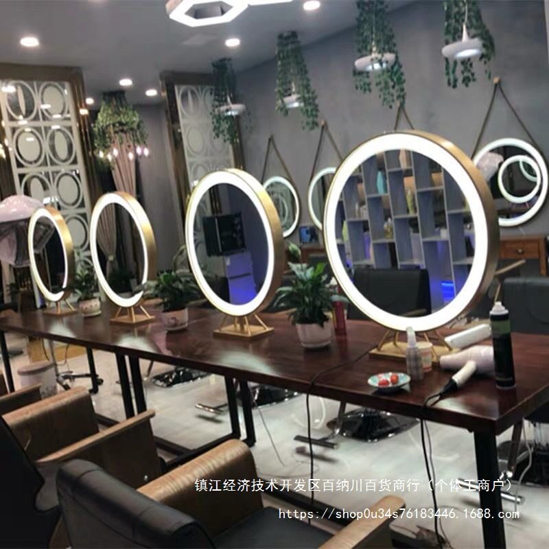 北欧Led镜理发店发廊美容院美发店影楼双面化妆镜带灯双面台式镜