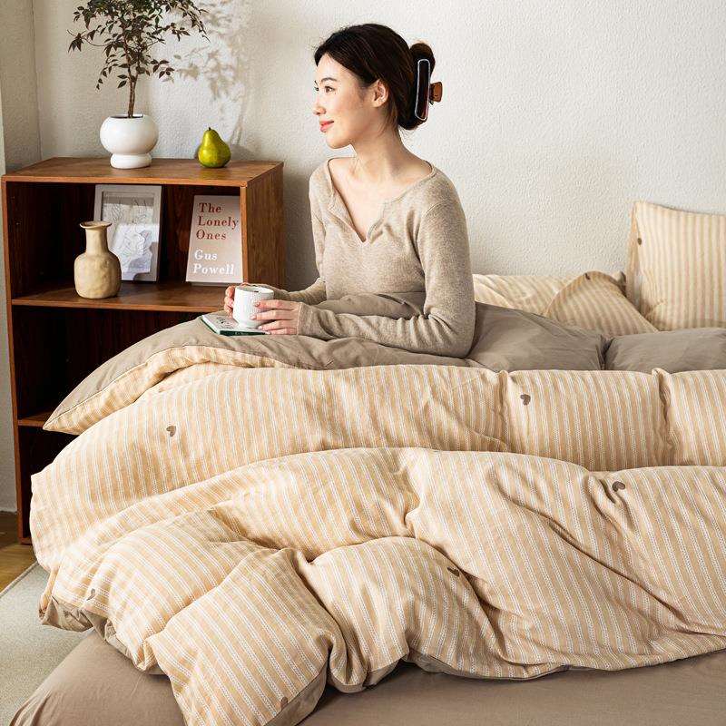 水洗棉双层纱床上四件套公主风全棉被套纯棉针织棉床单床品三件套