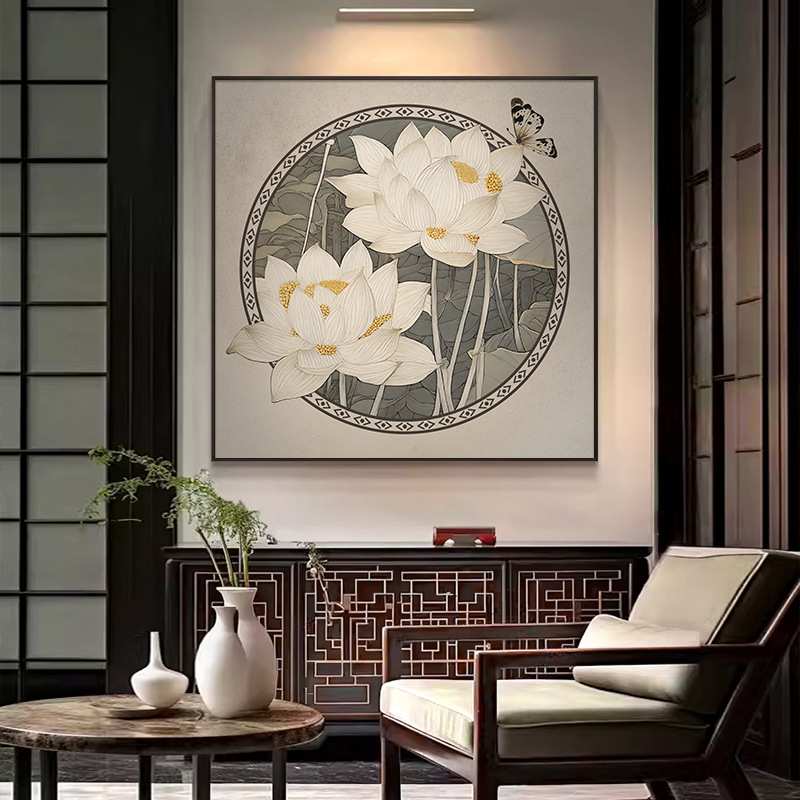 新中式锦鲤玄关壁画宋代美学方形茶室挂画荷花禅意国风书房装饰画图片