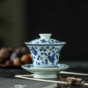 晴先生临古元 青花蝴蝶盖碗带壶承高端茶盘纯手工手绘气泡感200ml