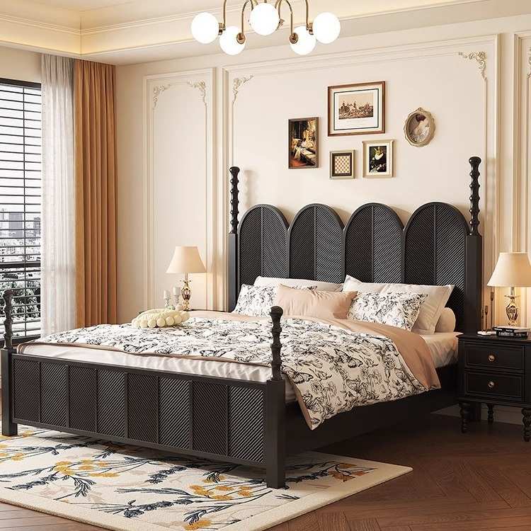 黑色轻奢美式双人床1.8米储物高箱1.5m雕花中古风法式复古实木床