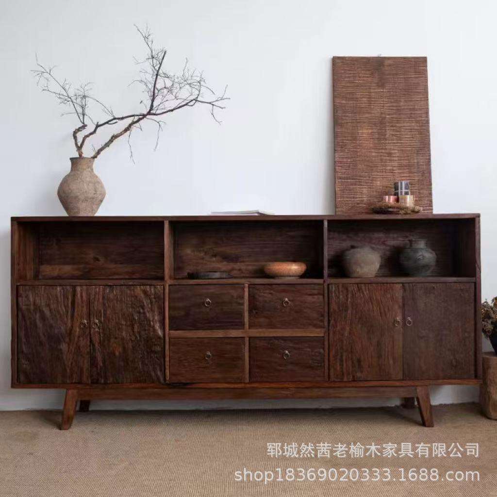 复古老榆木餐边柜实木客厅装饰收纳柜玄关条案做旧茶水柜靠墙边柜