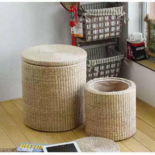 包邮手工a草编圆形收纳凳子储物凳田园实木可坐人换鞋凳搁脚凳大