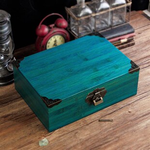 竹木实木带锁长方形木箱首饰证件收纳G小木盒桌面整理木盒子竹盒