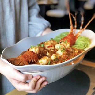 龙虾专用a盘子商用鱼盘帝王蟹盘酒店保温菜盘陶瓷蜡烛加热明炉餐