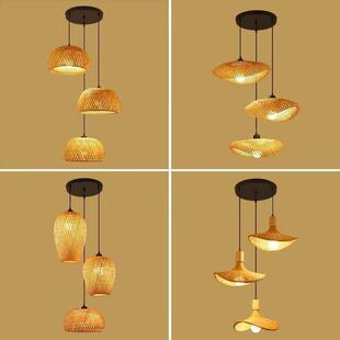 竹编组合吊灯创意餐厅酒店客厅灯笼复古藤编多头楼梯三头竹艺灯具