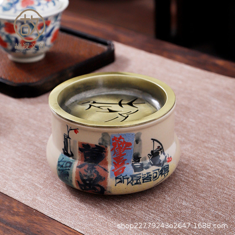 手绘手写建水盂茶盂带盖陶瓷中式干泡收废茶水茶渣缸小号茶道零配