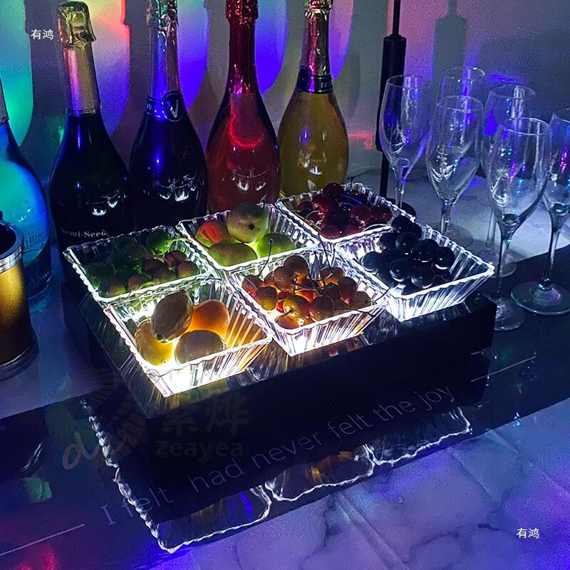 亚克力发光小吃盘子拼盘酒吧水果盘架创意四六格果盘碟绢花相苏无