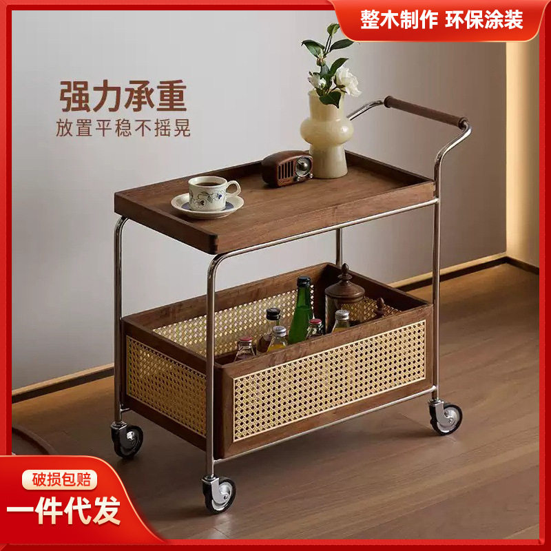 实木边几可收纳小推车客厅沙发储物置物架藤编简约餐车移动茶几