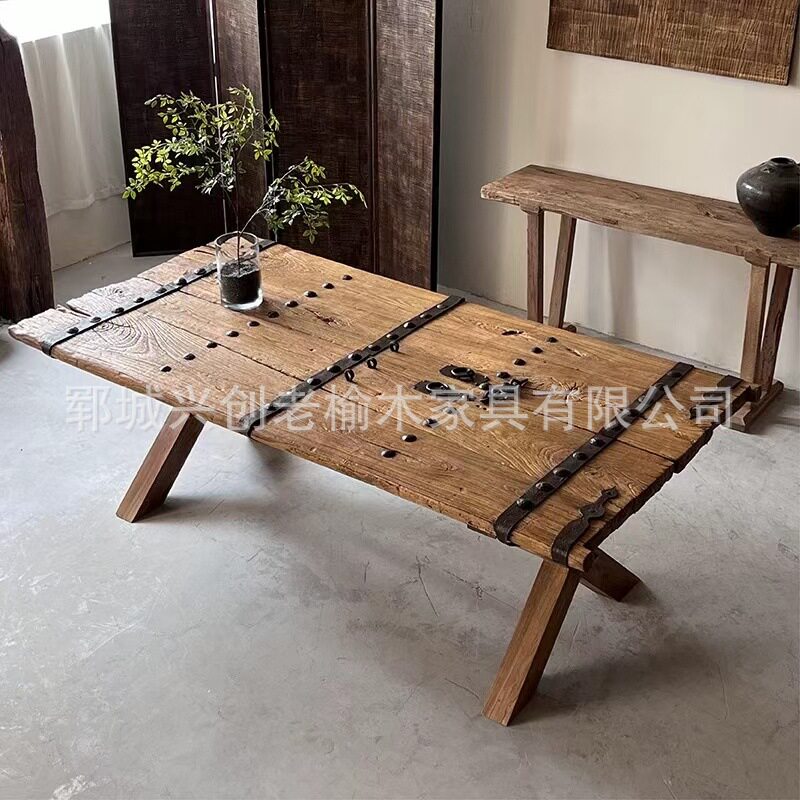 老门板茶桌新中式实木茶桌喝茶桌做旧民宿酒店待客风化茶桌餐桌
