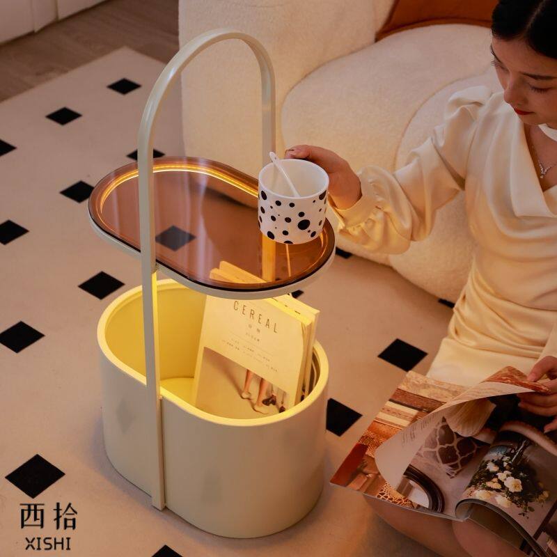 奶油风客厅沙发边几小茶几侧边柜家用床头柜卧室落地带氛围灯金T&