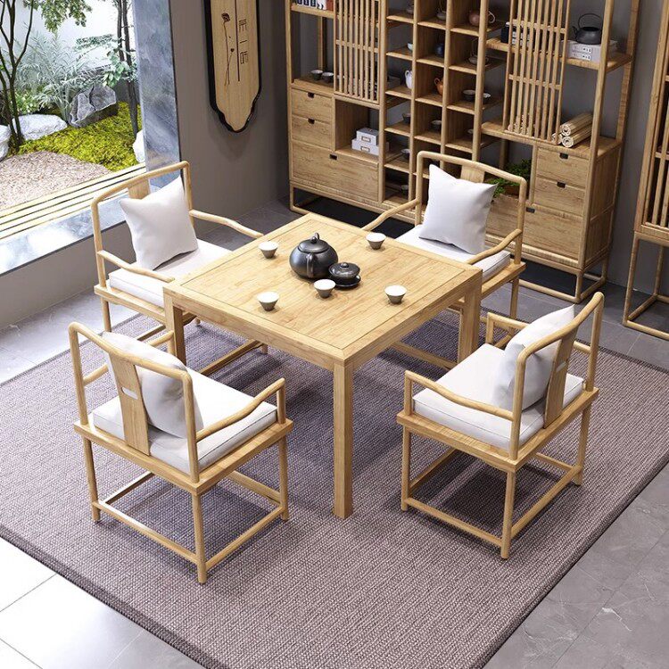 新中式实木茶桌椅组合八仙桌棋牌桌打牌四方桌原木色正方形茶几桌