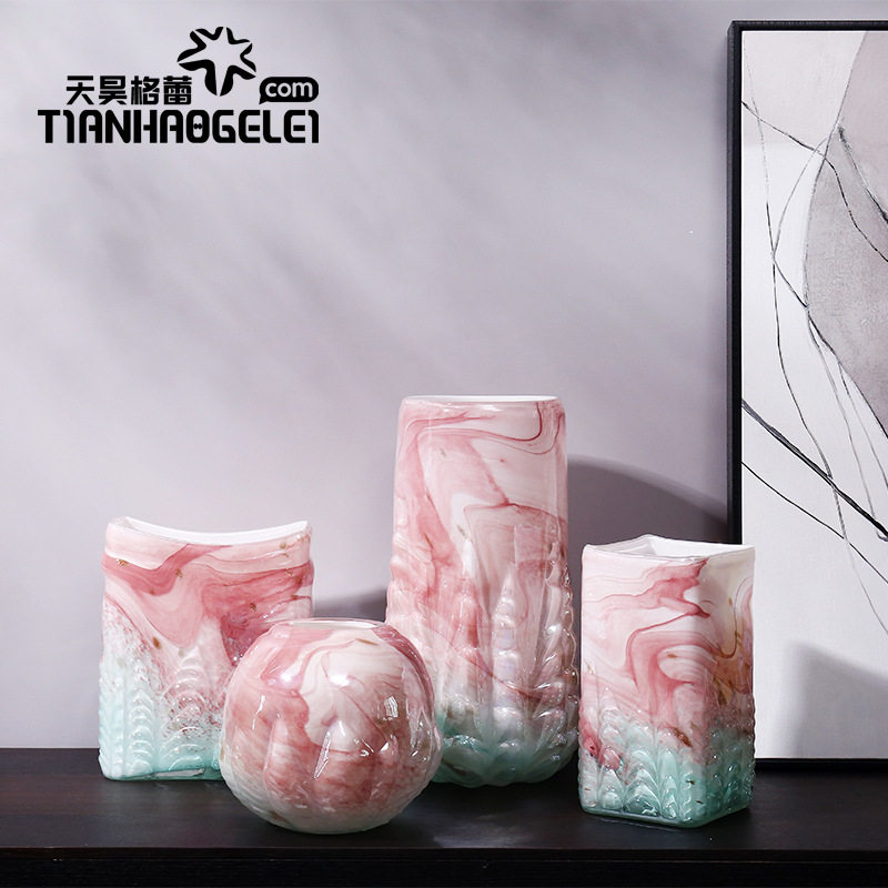天昊格蕾手工北欧风粉色水墨山水玻璃花瓶样板房客厅餐厅卧室花器,电子元器件市场,电线扎带/束线带,淘宝优惠券,粉丝福利购,淘宝优惠卷