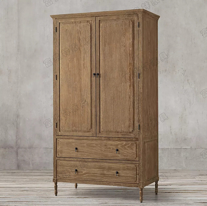 美式乡村仿古橡木雕花双抽实木衣柜欧式简约卧室挂杆衣柜储物柜