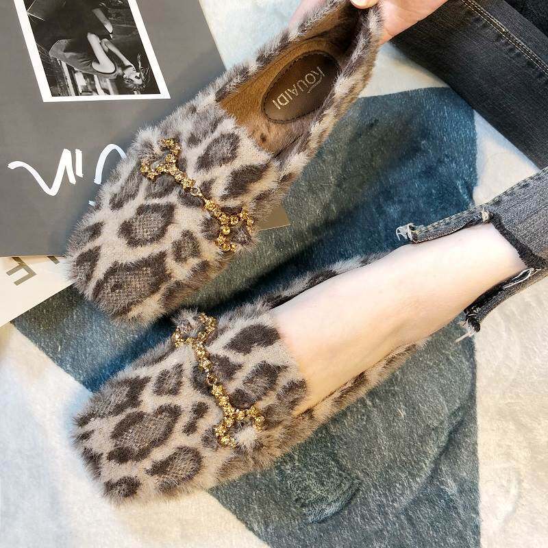 速发纹春202百搭一蹬脚豹鞋毛毛鞋外穿平底棉瓢鞋