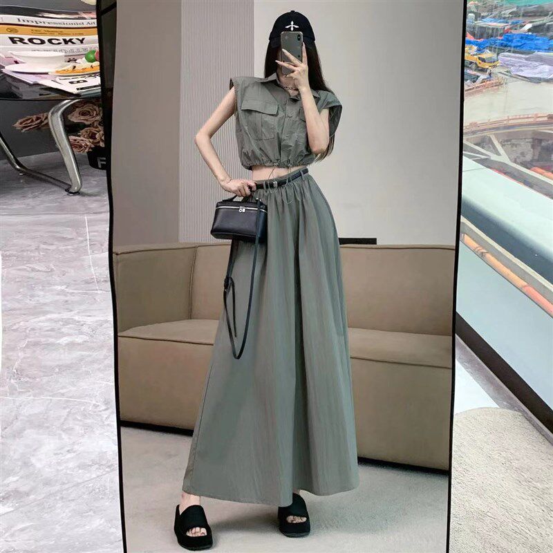 速发美式抽绳工装外套百褶裙上衣搭配夏高级超长到脚踝半身裙两件