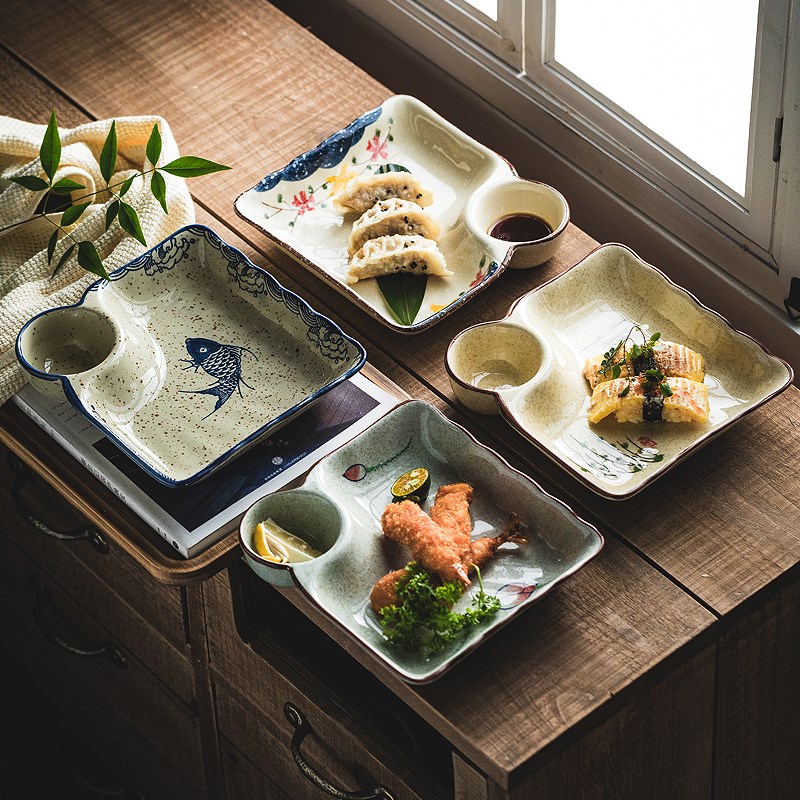 速发吃饺子盘子蘸料盘子一体子用盘陶家瓷菜盘配菜分格盘创意餐具
