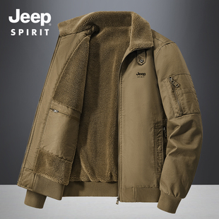 JEEP吉普男士冬季棉衣多口袋纯棉工装加绒夹克加厚保暖羊羔绒外套