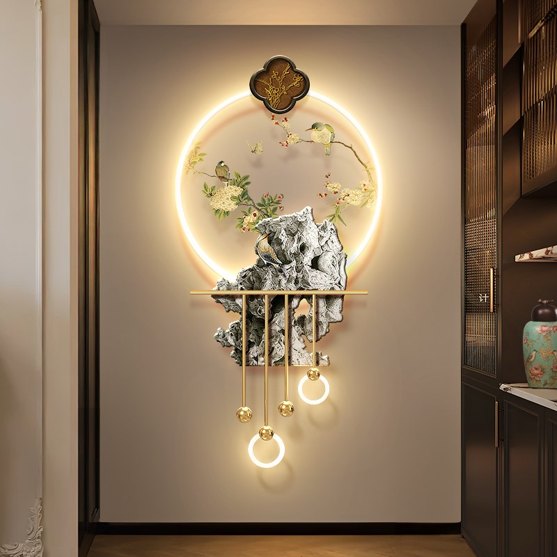 风花鸟玄关装饰画法式复古荷花走廊尽头挂画太湖石入户壁画灯图片
