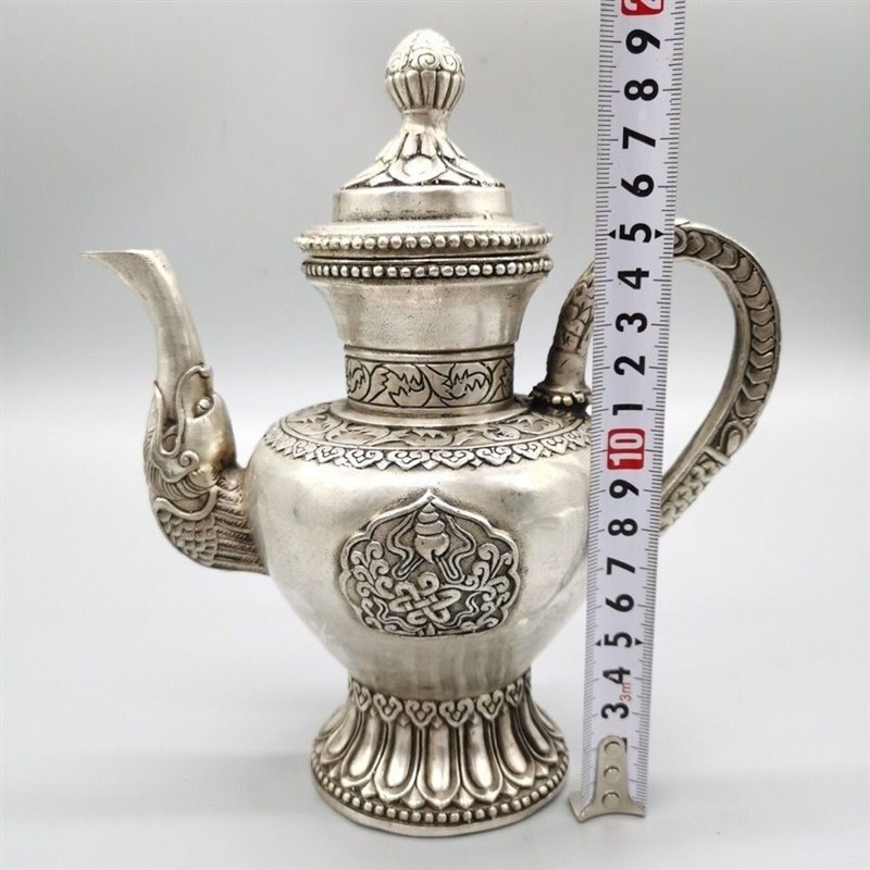 古玩杂项收藏仿古铜器白铜鎏银书房居家摆件工艺品花嘴莲花盖酒壶