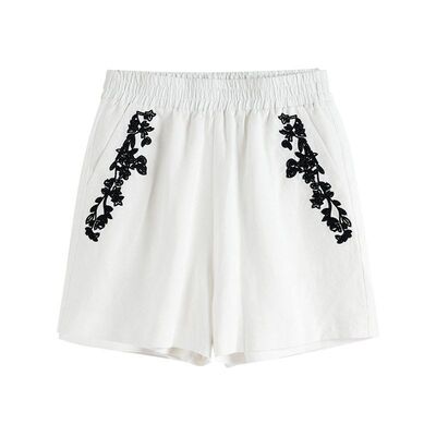 2025夏季新款高腰显瘦三分裤短裤女设计感小众刺绣亚麻休闲运动裤
