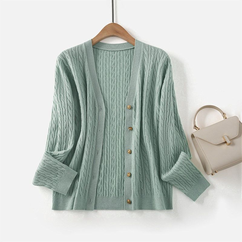 LP同款秋季新款女装 100%绵羊毛针织开衫女v领绞花小香风毛衣外套