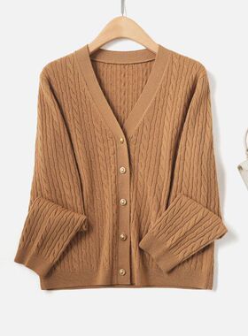 LP同款 复古绞花春季针织开衫毛衣外套女秋冬新款v领美利奴羊毛衫