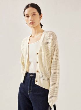 秋季新款女装之禾同款 chao细棉v领针织衫上衣女白色镂空开衫外套