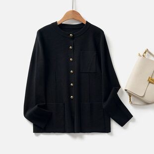 LP同款秋季新款女装老钱风针织衫毛衣圆领100%绵羊毛长袖开衫外套