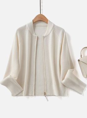 秋季新款女装BC同款100%绵羊毛针织衫上衣女长袖镂空开衫毛衣外套