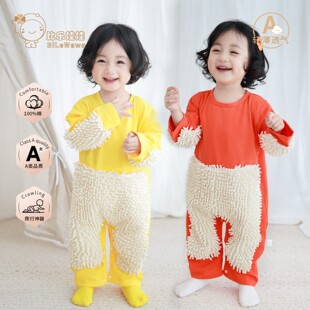 婴儿爬行服春秋纯棉宝宝长袖拖地爬爬服新生儿拖把擦地板防脏罩衣