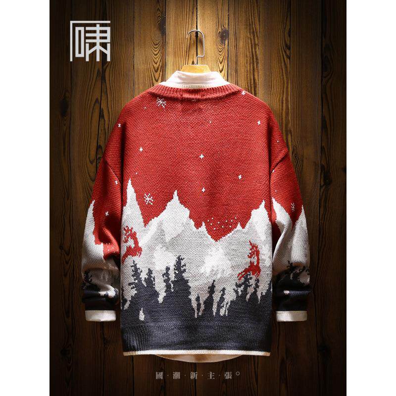 새로운 가을 겨울 일본 복고풍 눈 산 순록 크리스마스 스웨터 남성 대형 느슨한 따뜻한 두꺼운 스웨터 남성 의류