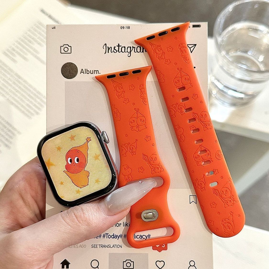 可爱卡通星星橙色硅胶适用iwatchs10表带治愈苹果表带s11印花