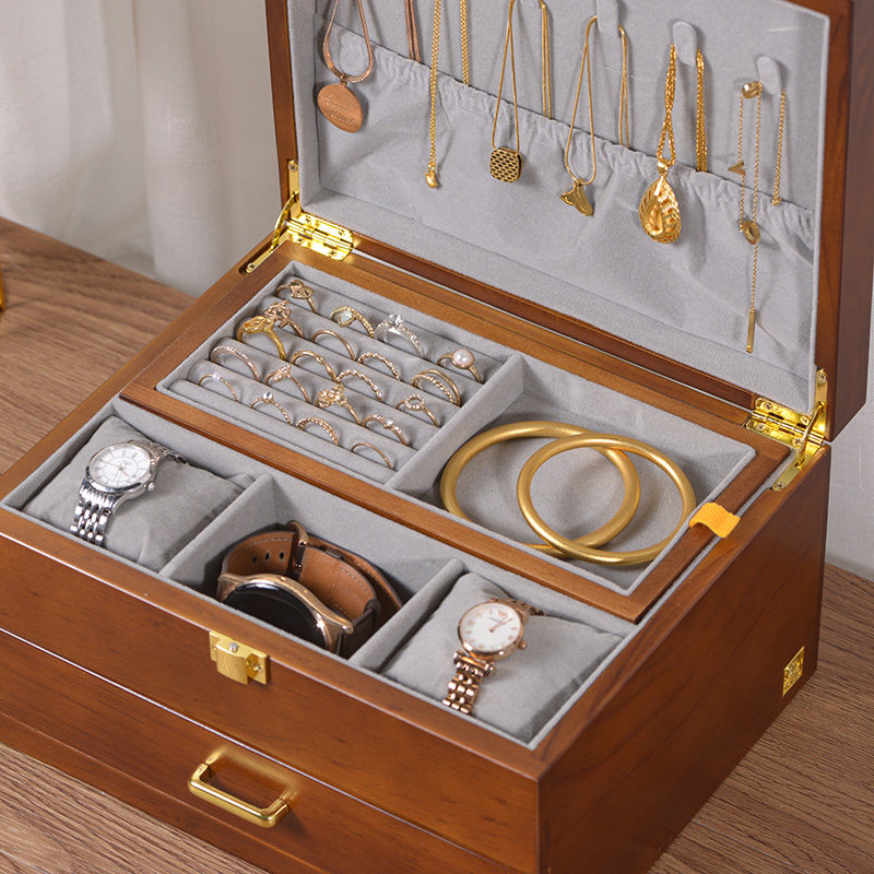 精致轻奢实木全包绒首饰收纳盒三金首饰J盒高档耳饰分格饰品收纳,收纳整理,首饰盒,淘宝优惠券,粉丝福利购,淘宝优惠卷